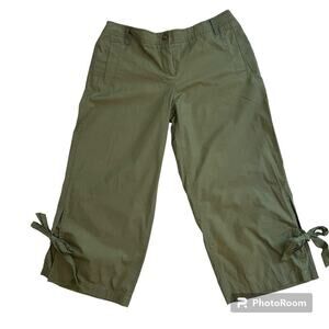 Anthropologie Sitwell Olive Green Lightweight Cotton Tie Hem Crop Pants Size 8